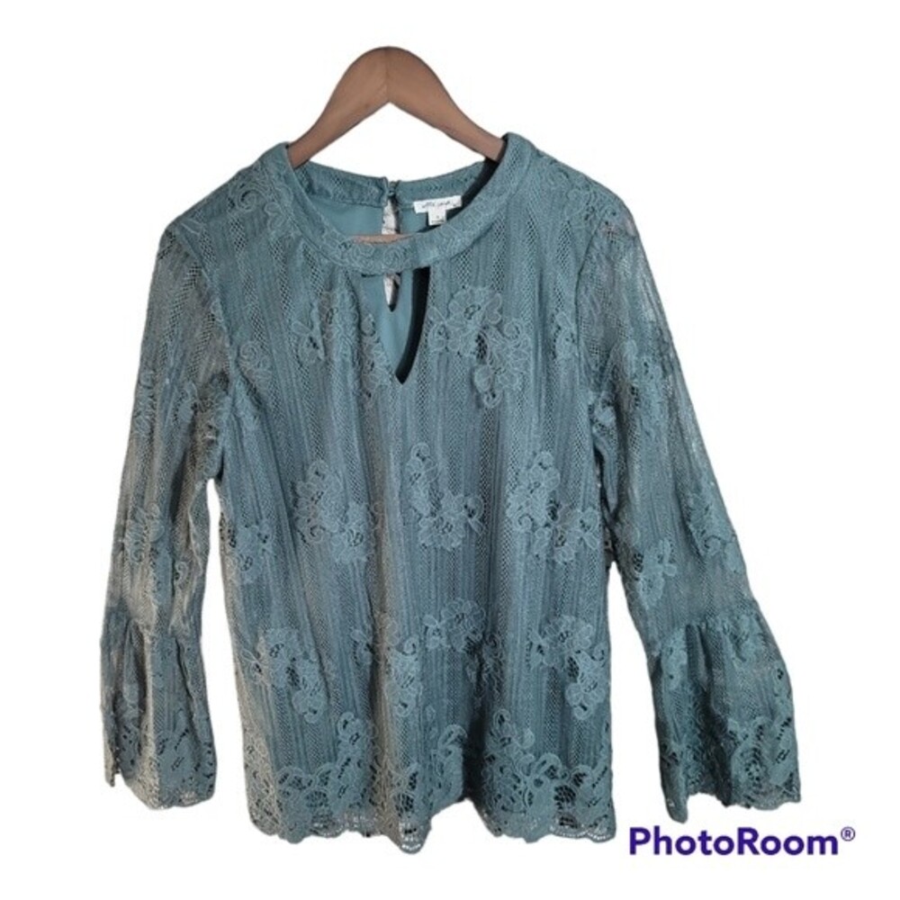 Ultra Pink Green Lace Floral Peasant Blouse Bell Longsleeve Womens Sz Med